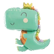 Balony i akcesoria - Balon Dinozaur z koroną foliowy 460425 Zielony 3D 74x90 cm na hel urodziny party przyjęcia - miniaturka - grafika 1