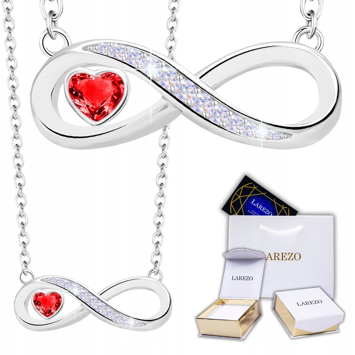 Srebrny Naszyjnik 925 Czerwony Kryształ Love Nieskończoność Rubinowe Serce