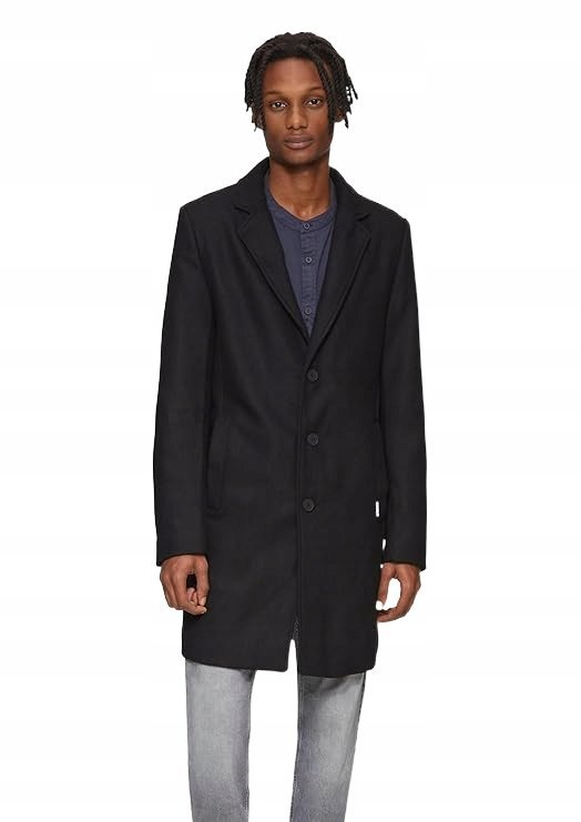 QS CZARNY MĘSKI PŁASZCZ KLASYCZNY Z KLAPAMI DO KOLAN Z WEŁNĄ M 6BA