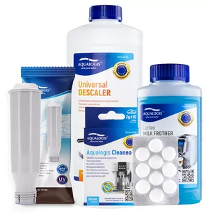 Zestaw Krups - Filtr AL-TES46, Uniwersalny Odkamieniacz Aqualogis 1L, Płyn Czyszczący System Mleczny Aqualogis Latteo 250ml, Cleaneo 10 szt. - Akcesoria i części do ekspresów do kawy - miniaturka - grafika 1