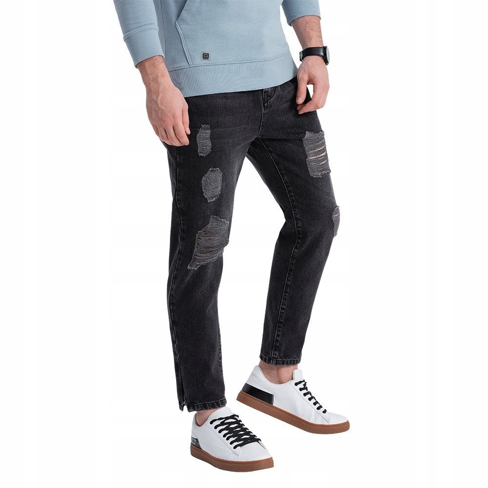 Męskie spodnie jeansowe taper fit z dziurami - czarne V2 P1028 XXL