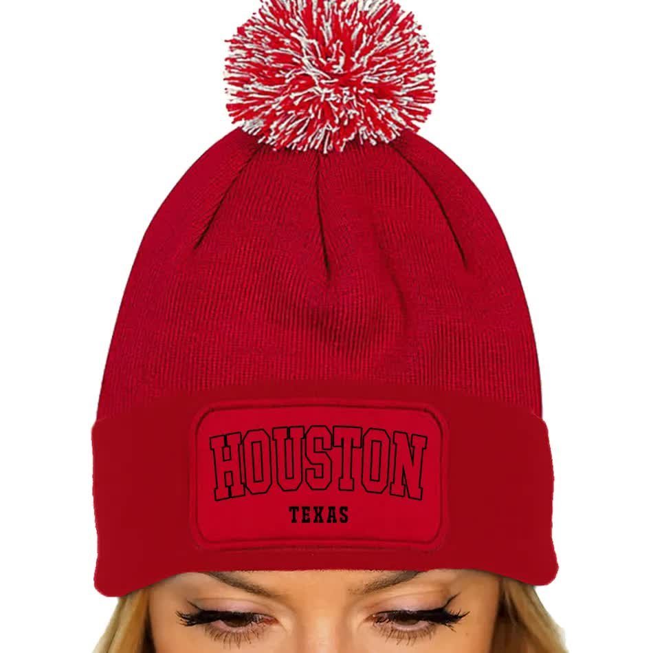 CZAPKA POMPON Bawełniana ZIMOWA Czerwona HOUSTON TEXAS Dla Fana USA Wzory
