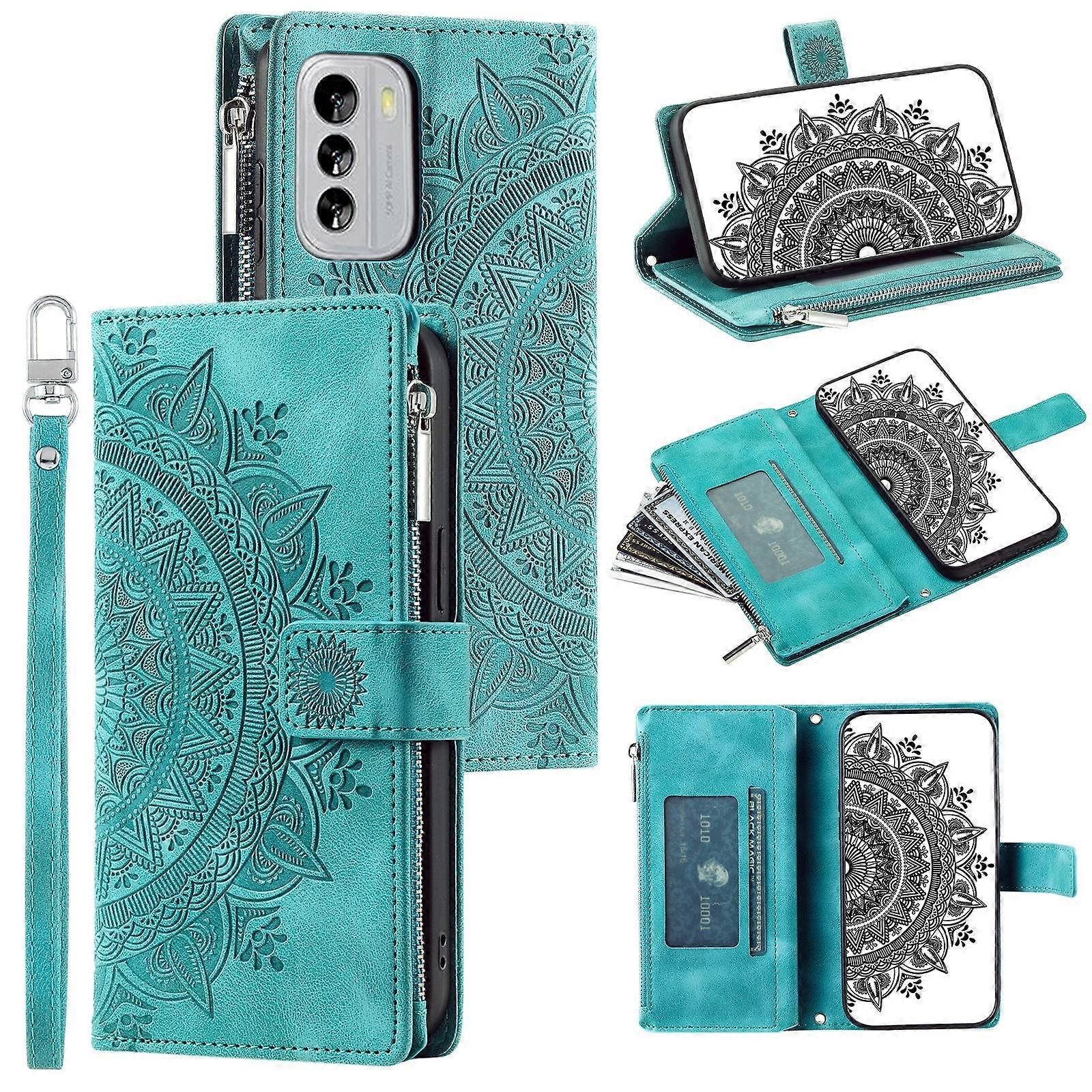 Futerał ochronny na Nokia G60 5G Mandala Kwiat Nadrukowany futerał ze skóry PU Multi Card Slot Anti-Fall Cover z zapinanym na zamek portfelem / pas...
