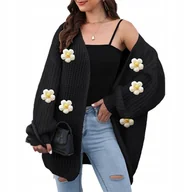Swetry damskie - Modny Sweter Damski Kardigan Czarny Black W Kwiaty 3D Uniwersalny - miniaturka - grafika 1