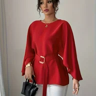 Koszule damskie - TEMU DJ0518161 Kierunkowa Damska Bluzka z Okrągłym Dekoltem, Długim Rękawem, Luźnym Pasem i Wiązaniem, Elegancka, Szlachetna, Uniwersalna, Modna - miniaturka - grafika 1