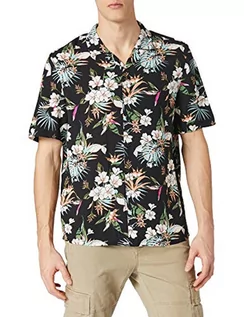Koszule męskie - Urban Classics Męska koszula z wiskozy AOP Resort, koszula hawajska z nadrukiem kwiatowym i wywiniętym kołnierzem dla mężczyzn, rozmiary S-5XL, Blacktropical, L - grafika 1