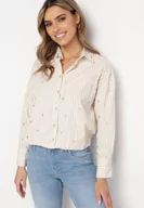 Koszule damskie - Jasnobeżowa Bawełniana Koszula w Paski z Haftowanymi Sercami Larnieka - miniaturka - grafika 1