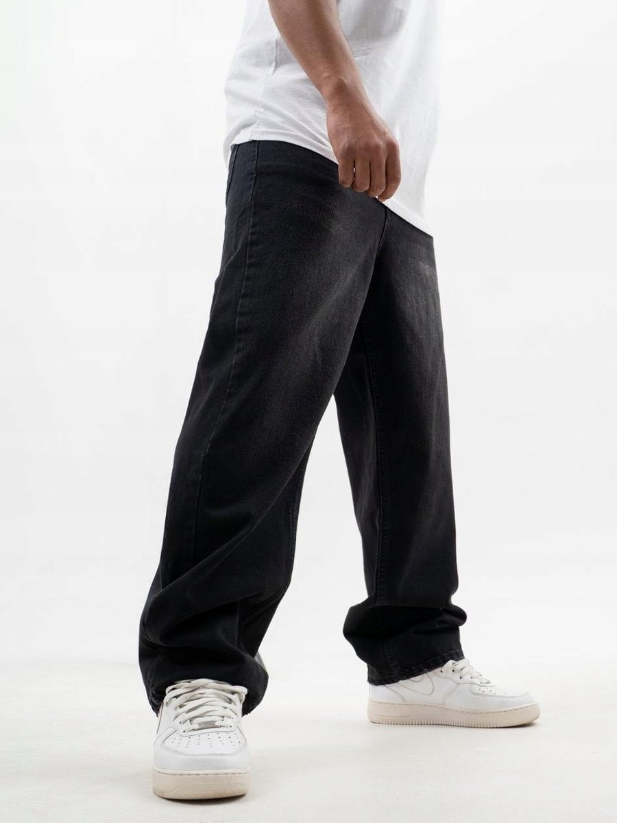SPODNIE BAGGY JEANSOWE Męskie SZEROKIE Sprane Czarne Jigga Wear Korona L