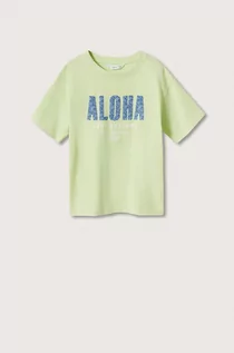 Koszulki i topy damskie - Mango Kids Kids t-shirt bawełniany dziecięcy Aloha kolor żółty z nadrukiem - grafika 1