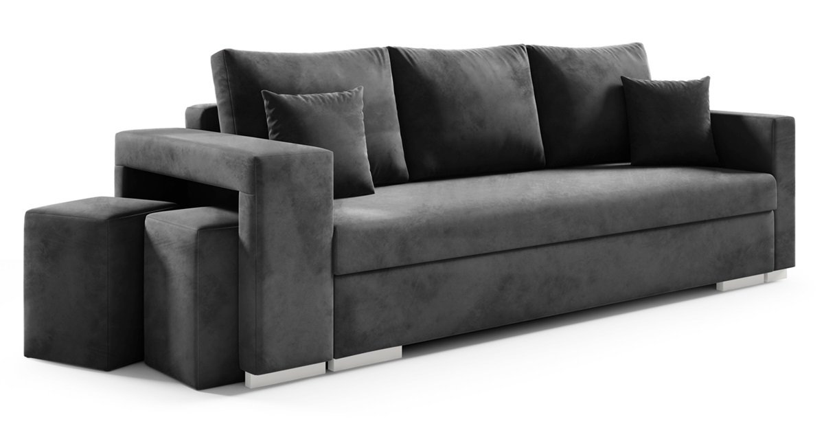 Sofa rozkładana TANGO, sofa z funkcją spania i pojemnikiem na pościel, sofa rozkładana z dwoma pufami, tkanina welurowa, kanapa w kolorze: szary
