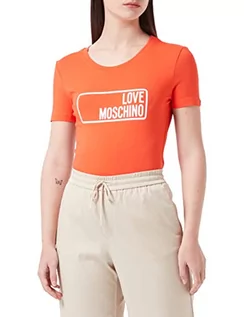 Koszulki i topy damskie - Love Moschino Damska koszulka z krótkim rękawem ze stretchu bawełnianego dżerseju z logo instytucjonalnym, pomarańczowy, 44 - grafika 1
