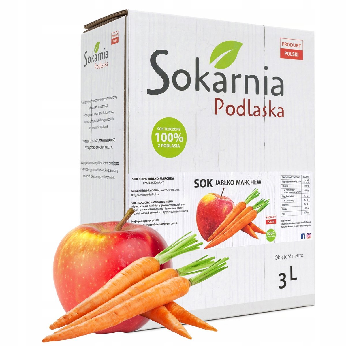 SOK JABŁKO-MARCHEW 3L Naturalny Smak Źródło Witamin Bez Cukru Konserwantów