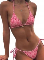 Stroje kąpielowe - Damski zestaw bikini z kwiatowym nadrukiem i wiązaniem różowy strój S - miniaturka - grafika 1