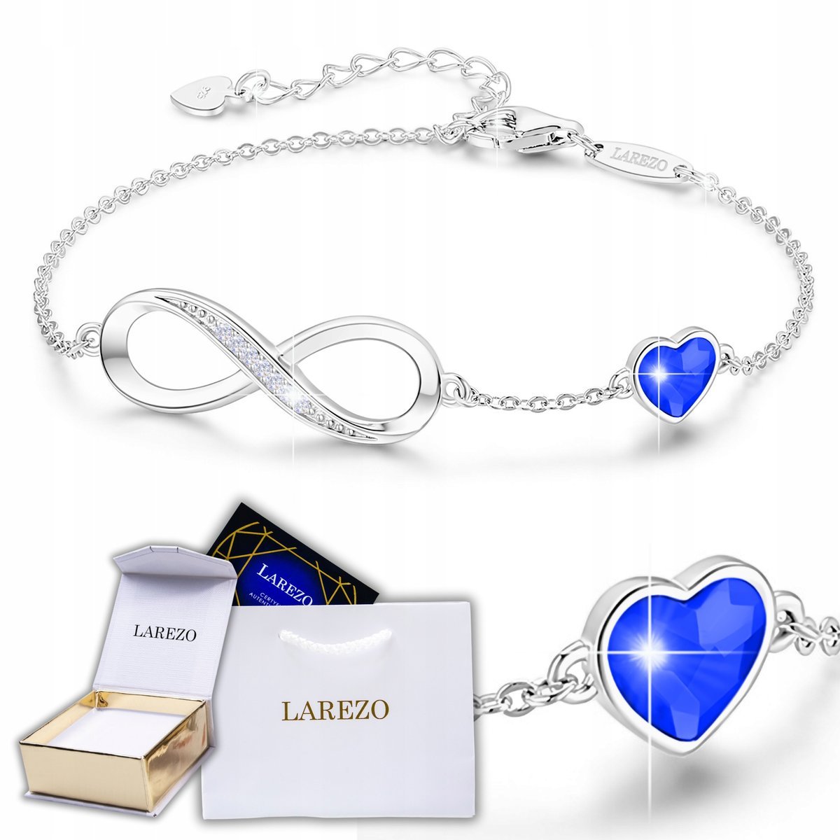 Srebrna Długa Bransoletka z Niebieskim Sercem i Nieskończonością SREBRO 925