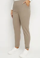 Spodnie damskie - Ciemnobeżowe Spodnie z Wiskozą z Gumką w Talii i Aplikacjami przy Nogawkach Stellorie - miniaturka - grafika 1