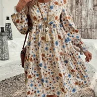 Sukienki - TEMU Sukienka Maxi z Falbanką i A-Linii - Długi Rękaw, Okrągły Dekolt, Luźny Krój, Pranie w Pralce, Całoroczna Casualowa Sukienka na Wakacje, Bez - miniaturka - grafika 1