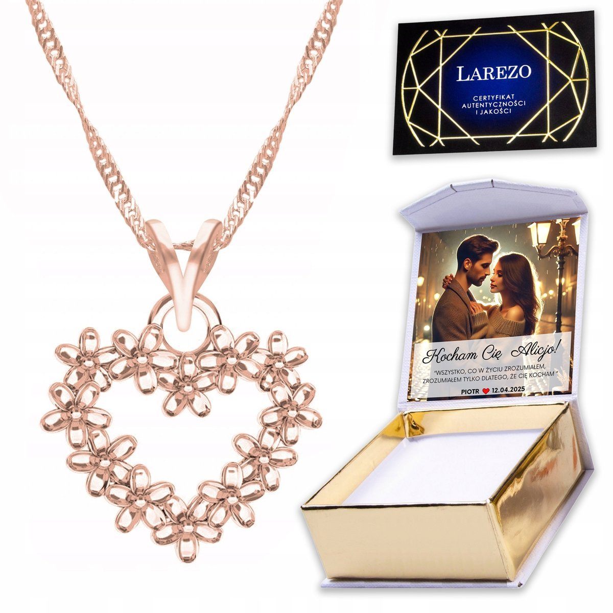 Naszyjnik Pozłacany 925 z Sercem Kwiatami Serce w Kwiaty Kwiatki + NADRUK