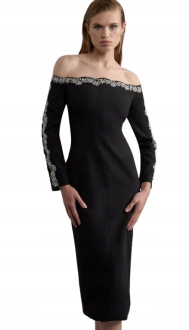 KAREN MILLEN TALL DŁUGA SUKIENKA KOKTAJLOWA CZARNA 40 B1C