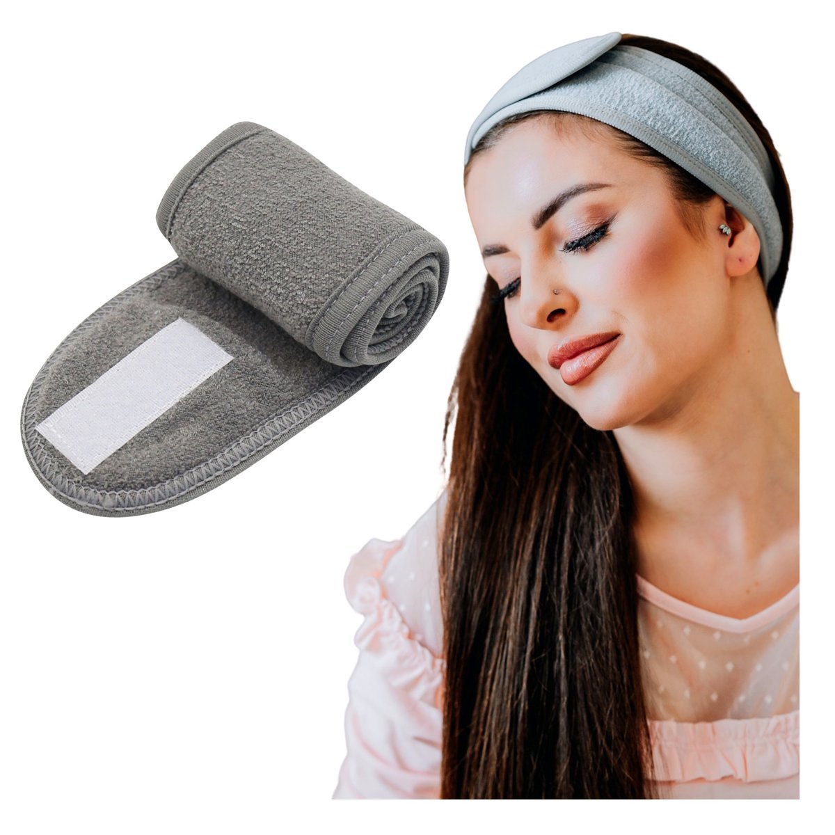 Opaska Kosmetyczna Szara do Makijażu na Rzep Regulowana Profesjonalna