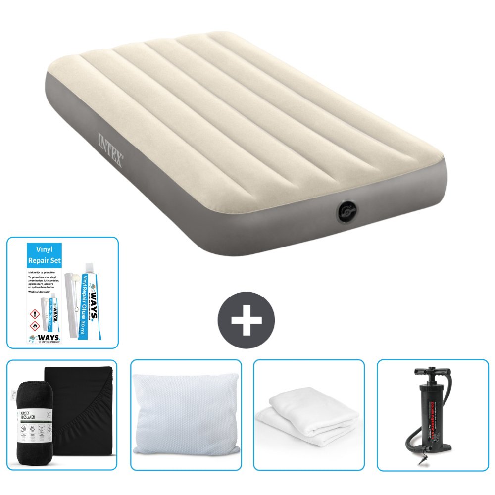 Łóżko powietrzne Intex - 1 osoba - 99 x 191 x 25 cm - beżowe - w zestawie prześcieradło - pocałunek - pompka - zestaw naprawczy i ochraniacz na poduszkę