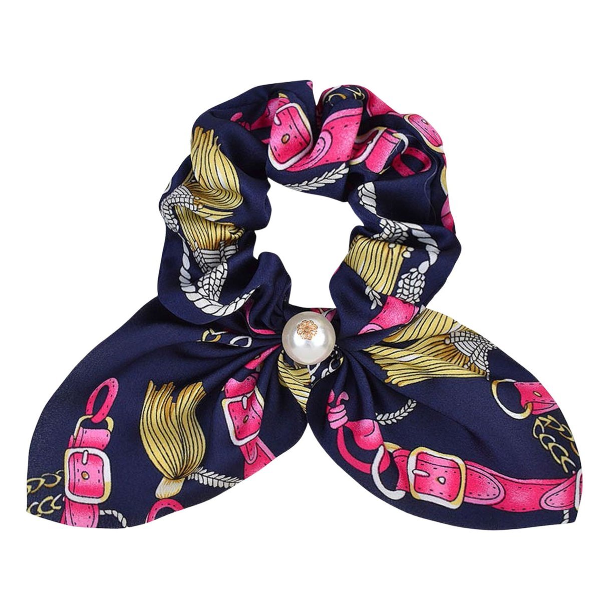 Gumka do Włosów Granatowa Kokarda z Ozdobną Perłą ze Wzorem Lekka Efektowna