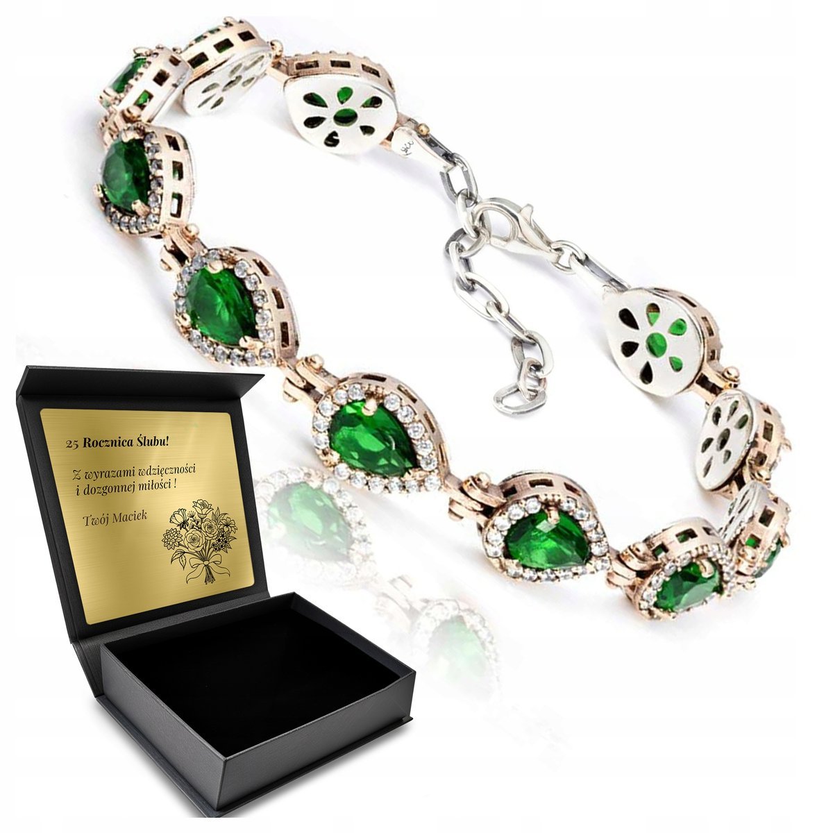Bransoletka Srebrna 925 Cyrkonie Szmaragd Biżuteria Dla Kobiety Z Grawerem
