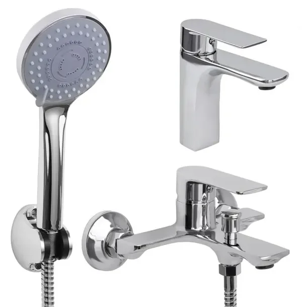 Yoka Home Zestaw baterii chrom: umywalkowa + wannowo-prysznicowa słuchawka 5F wąż 150