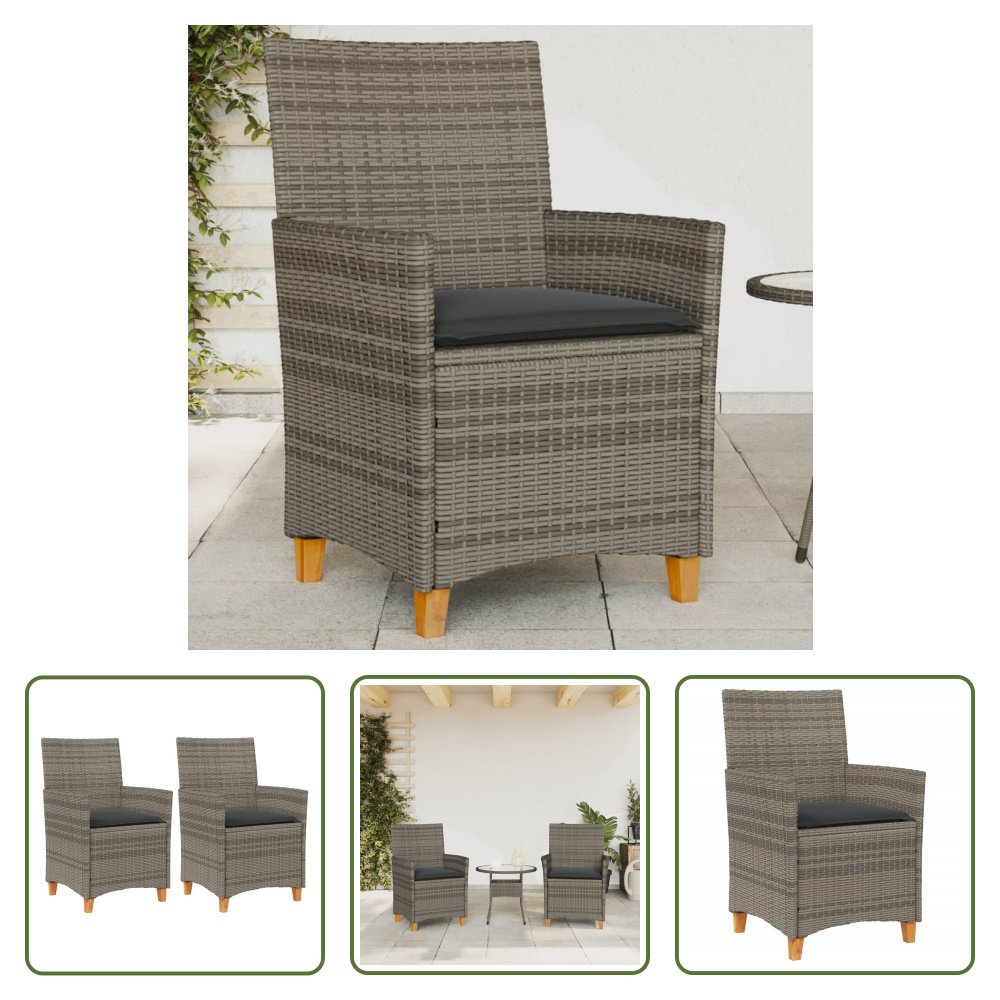 The Living Store Krzesła ogrodowe z poduszką 2 szt. Szary polirattan lite drewno