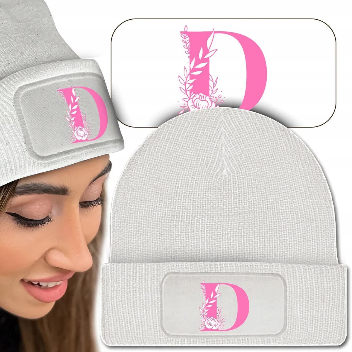 Ciepła Czapka Zimowa Biała LITERKI INICJAŁY Wzory