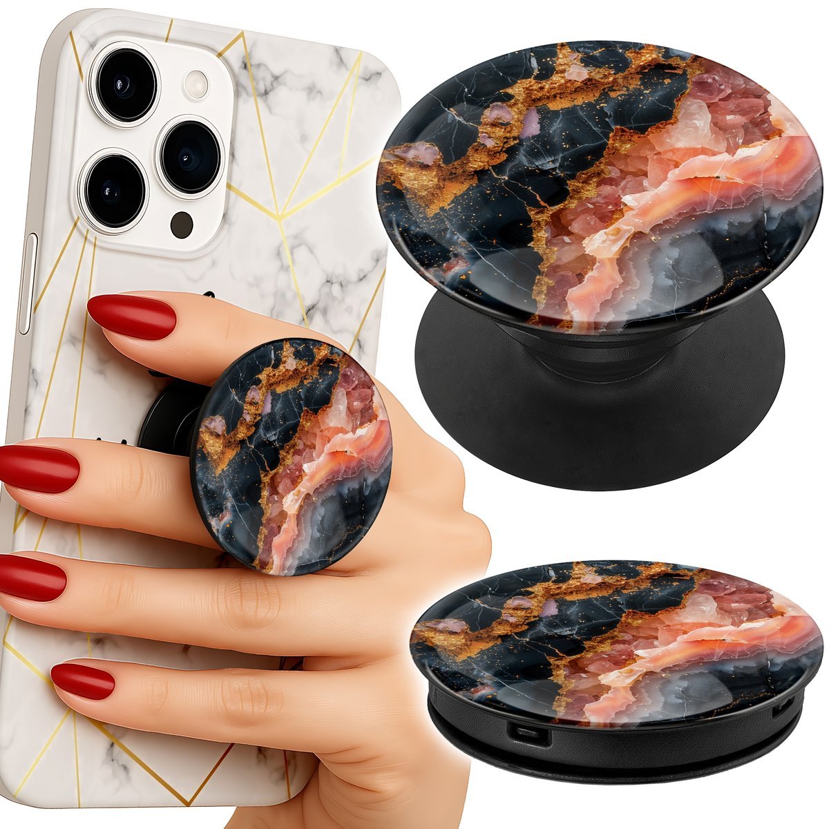 Uchwyt do telefonu Popsocket na palce/stojak POMARŃCZOWY MARMUREK MODNE