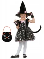 Stroje karnawałowe - STRÓJ KOTEK CZAROWNICA WIEDŹMA SUKIENKA KAPELUSZ RĘKAWICZKI TOREBKA KOT - miniaturka - grafika 1
