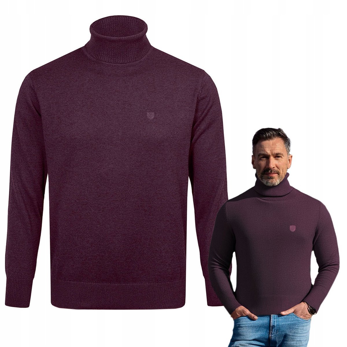 Klasyczny GOLF Sweter Męski Elegancki ŚLIWKOWY melanż XXL Pako Jeans