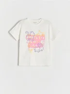 Koszulki dla dziewczynek - Reserved - Bawełniany t-shirt z nadrukiem - złamana biel - miniaturka - grafika 1