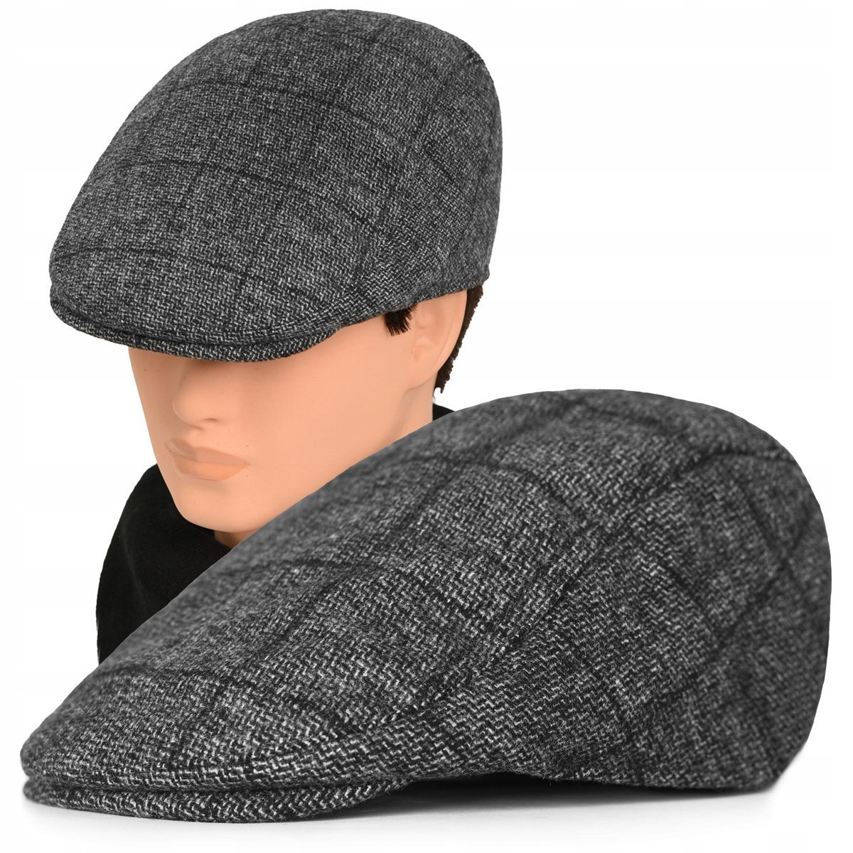 Kaszkiet Męski Zimowy Ocieplany Elegancka Czapka w Kratkę 50% Wełny
