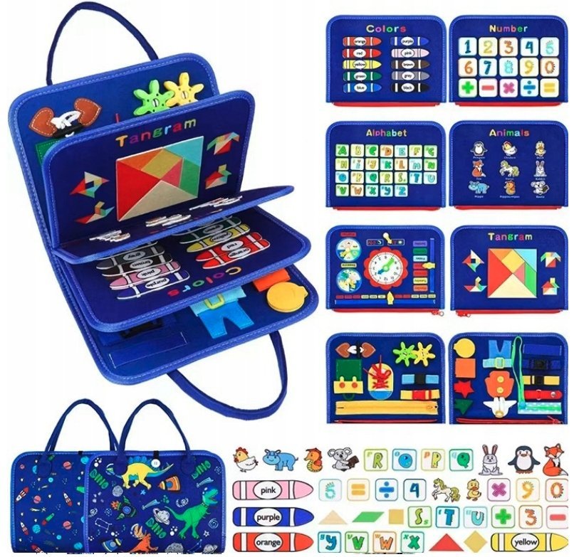 TABLICA MANIPULACYJNA SENSORYCZNA MONTESSORI ZEGAR MATERIAŁOWA WALIZKA 8w1