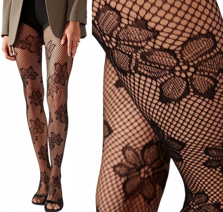 Rajstopy Calzedonia damskie czarne Ażurowe Kabaretki w Kwiaty M / L (3/4)