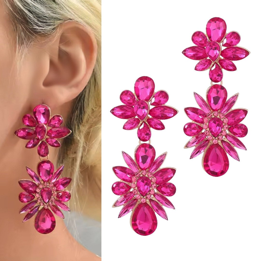 Kolczyki efektowne duże FUKSJA malinowe z aplikacjami cyrkoniami rozety