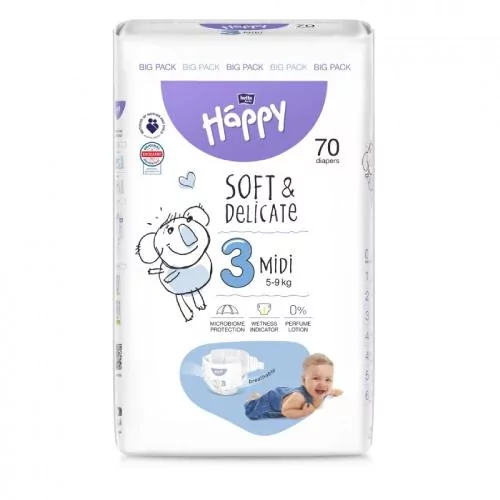 Bella Baby Happy Soft & Delicate Midi 3 Pieluszki 5-9kg, 70szt. - !!! 24h WYSYŁKA !!!
