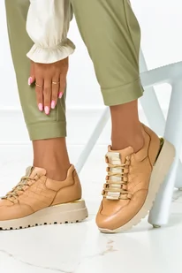 Beżowe sneakersy na koturnie buty sportowe sznurowane POLSKA SKÓRA Casu 7128 - Półbuty damskie - miniaturka - grafika 1
