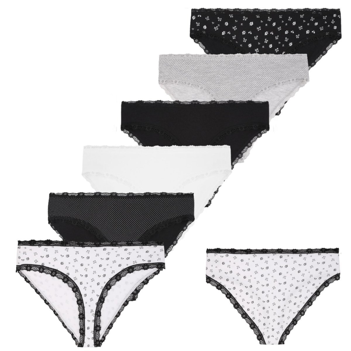 Majtki damskie figi bikini z wzorem wykończone koronką 6-pak XL