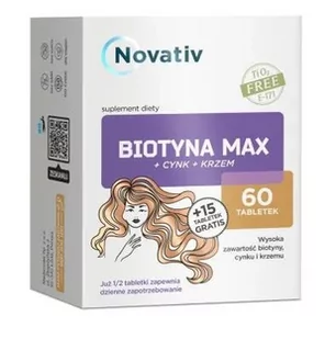 Novativ biotyna max + cynk + krzem 60 tabletek + 15 tabletek - Suplementy naturalne - miniaturka - grafika 1