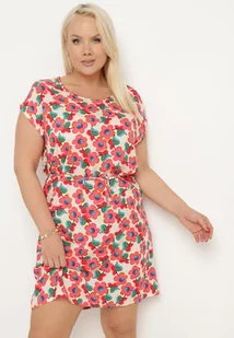 Beżowo-Czerwona Pudełkowa Sukienka z Wiskozy Wiązana Sznurkiem w Talii Tiamadine - Sukienki - miniaturka - grafika 1