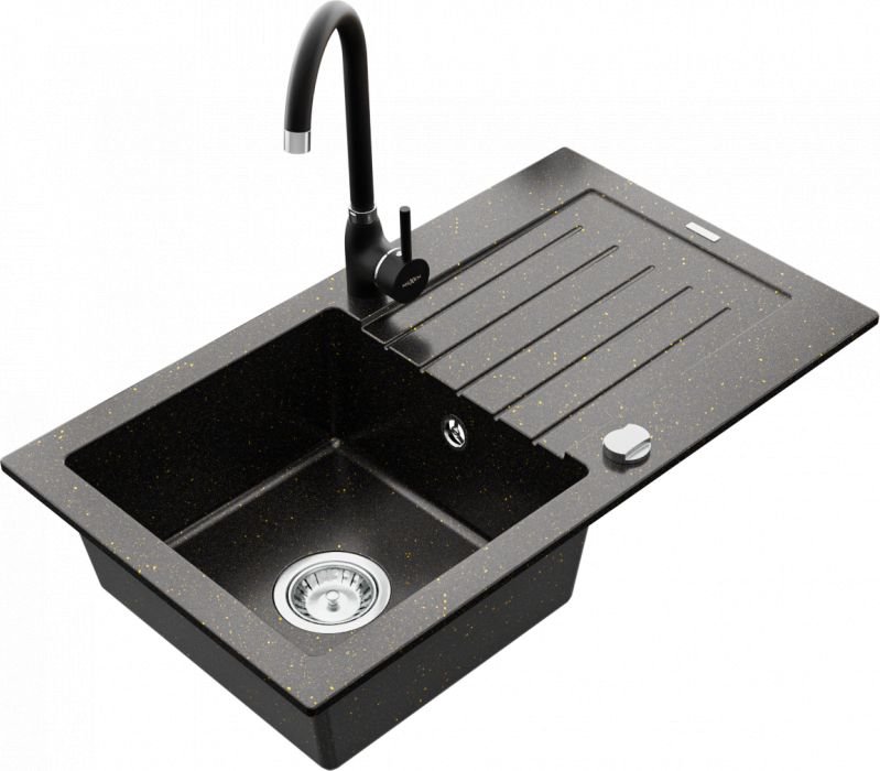 Mexen Zlewozmywak   Pablo zlewozmywak granitowy 1-komorowy z ociekaczem i baterią kuchenną Telma, czarny/złoty - 6510-75-670200-70