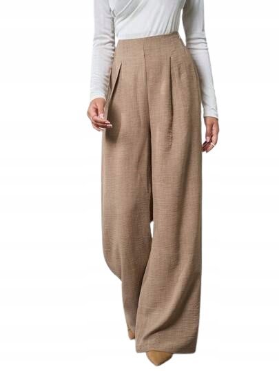 SHEIN ELEGANCKIE SPODNIE TALL WYSOKI STAN BEŻOWE Z ZASZEWKAMI XL 1_B