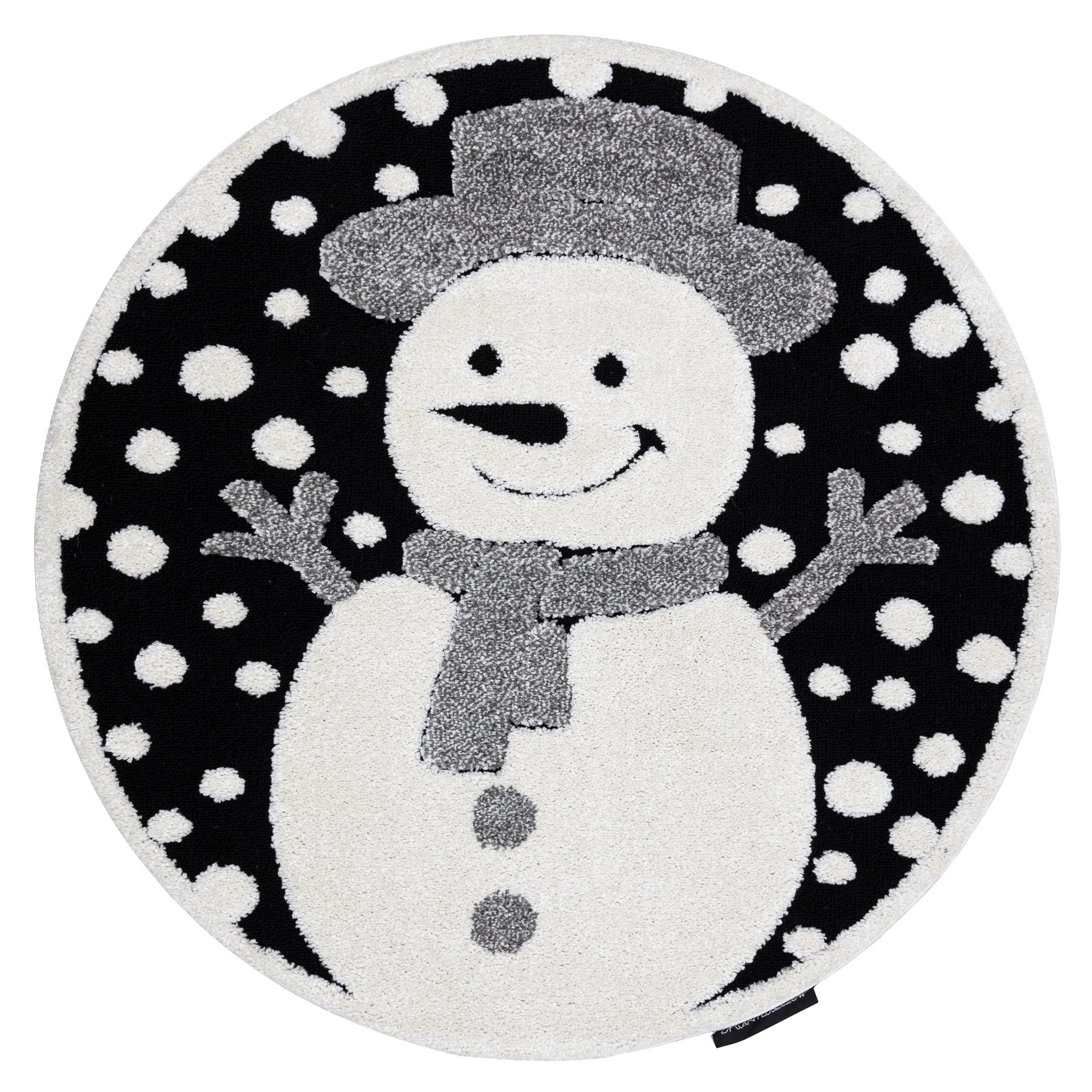 Dywan dziecięcy JOY Koło Snowman bałwanek, dla dzieci - Strukturalny, dwa poziomy runa czarny / krem szary koło 140 cm