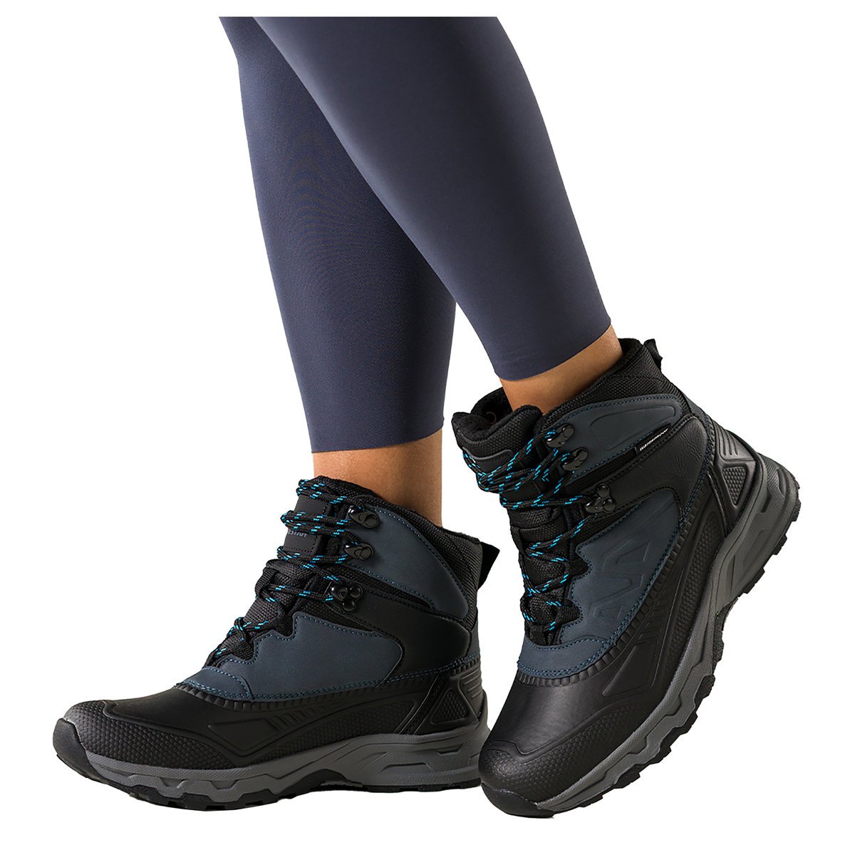 Czarne buty sportowe trekkingowe damskie wodoodporne na bieżnikowanej podeszwie sznurowane granatowe wstawki Casu 7688-2D-36