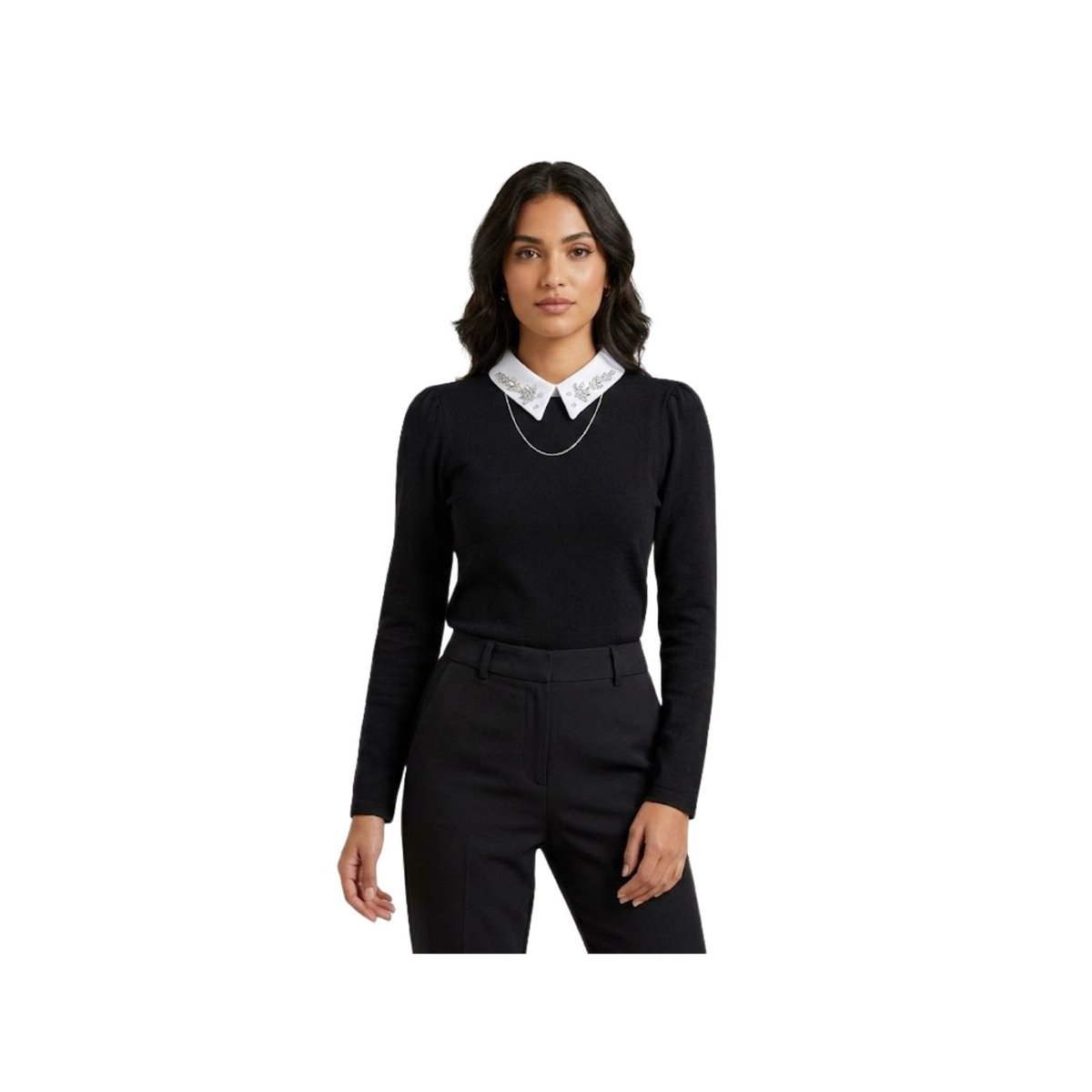 Sweter damska Naf Naf Polina czarna ze stójką falbanka z haftem-M