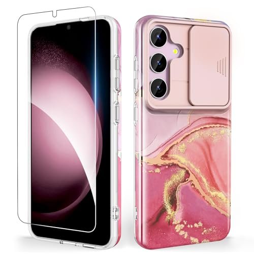 SHEDEER Etui do Samsunga S25 z osłoną aparatu przesuwnego + osłona ekranu, etui do Samsung Galaxy S25, dopasowane, lekkie, błyszczące, odporne na blaknięcie wzór etui na telefon różowe