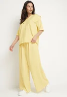 Komplety damskie - Żółty Komplet z Wiskozą Szerokie Spodnie i Bluzka z Dekoltem w Serek Zeilora - miniaturka - grafika 1