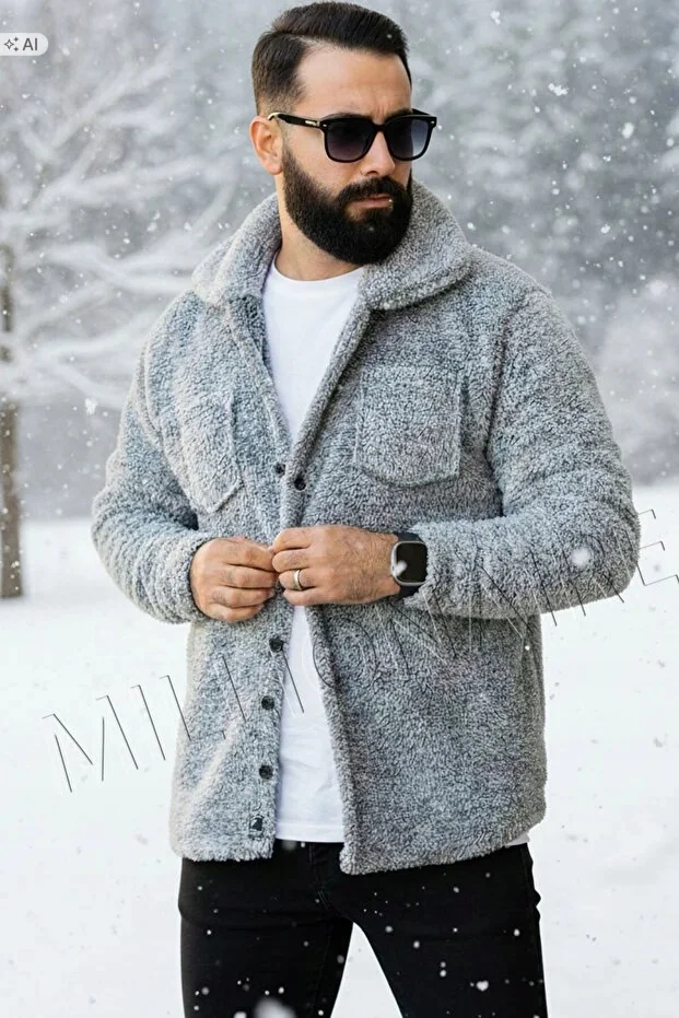 MIĘKKA SZARA KURTKA MĘSKA SHERPA Z KIESZENIAMI XL 5IA